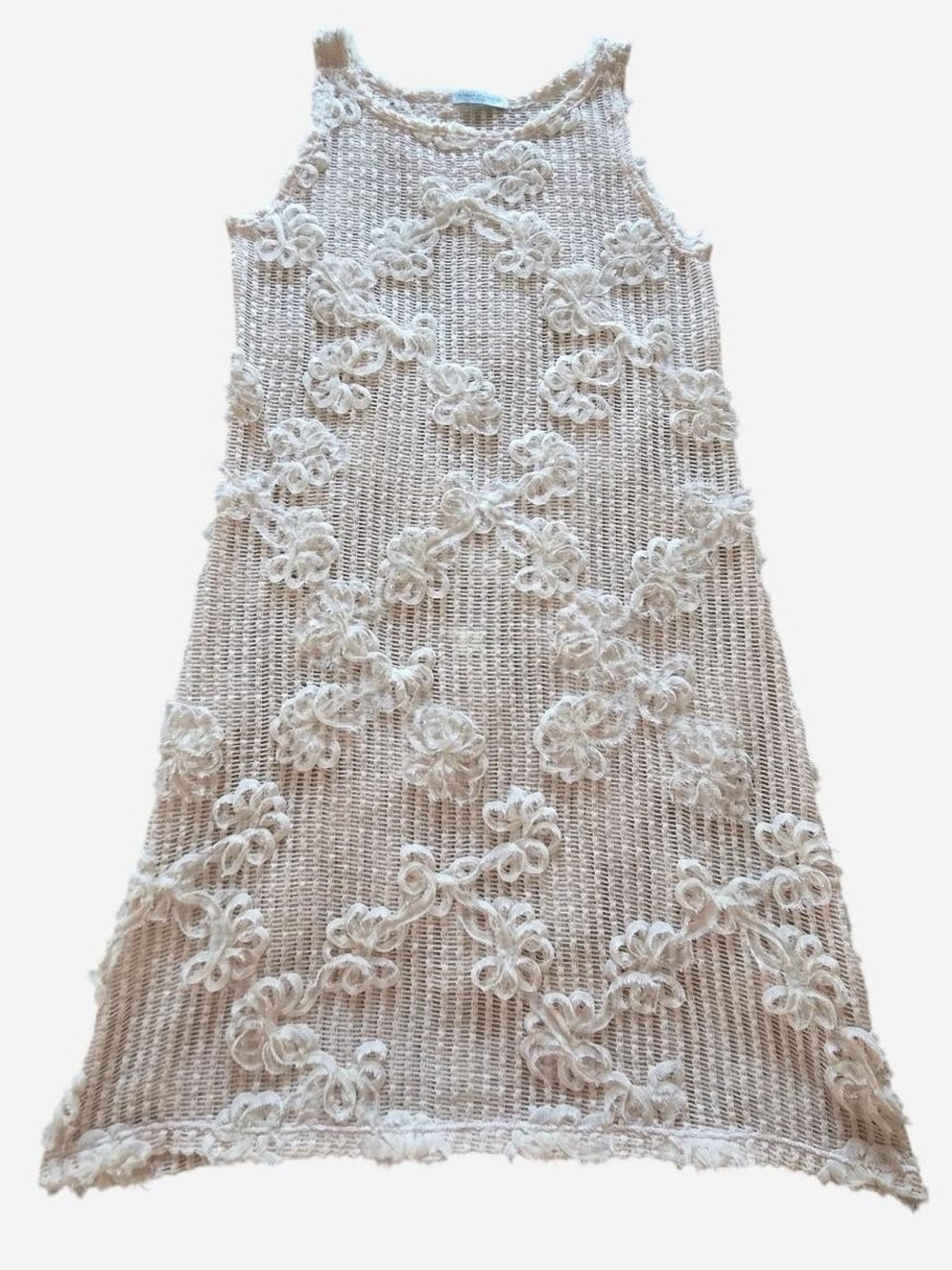 Crochet swimwear midi dress cover up fringed floral applique open knit cream M